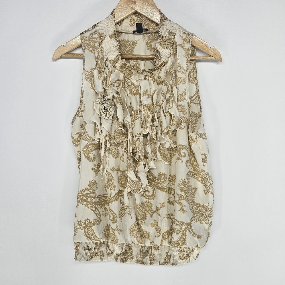 Piano Blouse Women Large Cream Gold Paisley‎ Ruffle Neck Sleeveless Sheer Top L